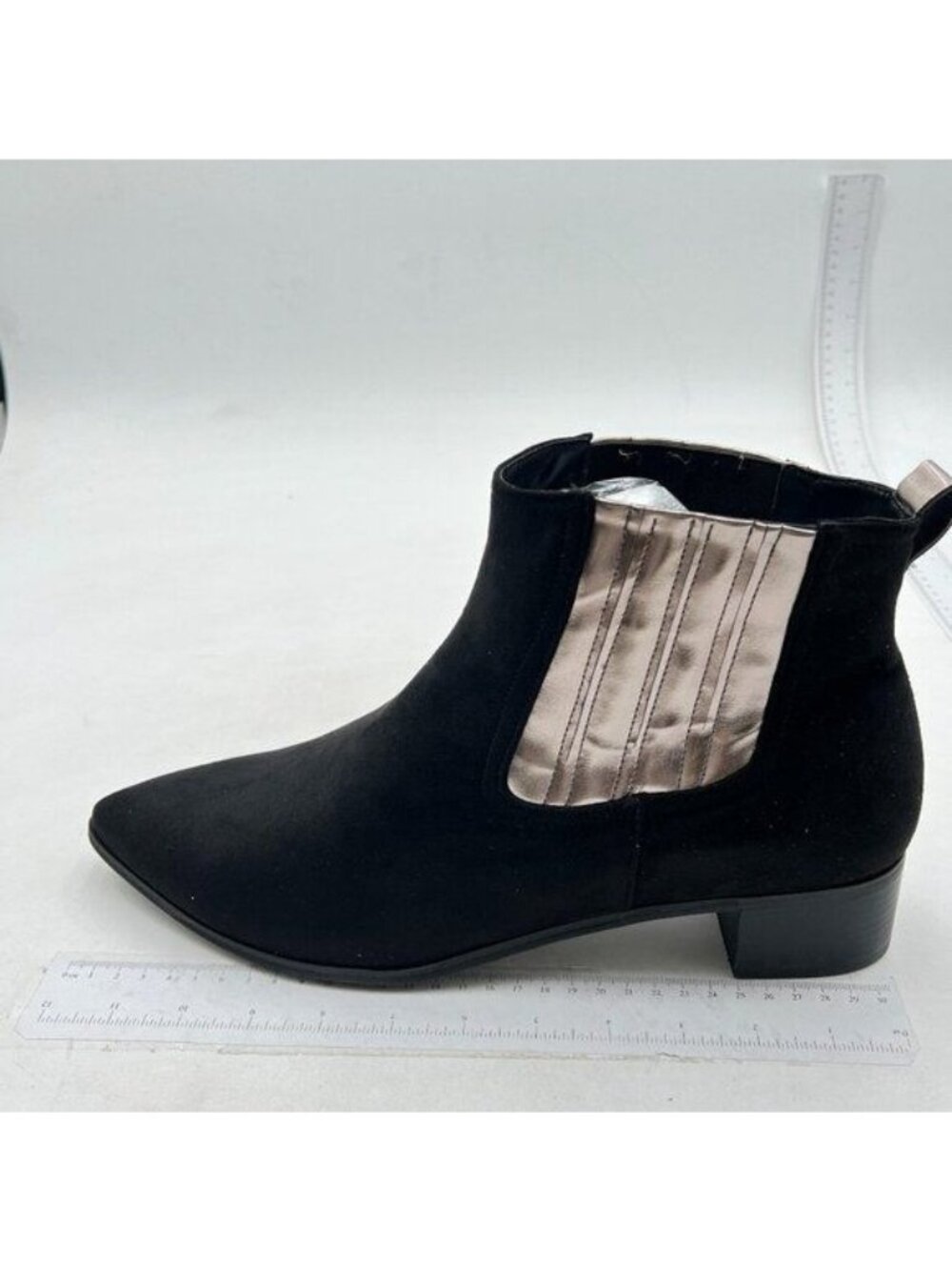 Womens Ankle Boots Pointed Toe Chunky Heeled Suede Leather Booties Black Gold